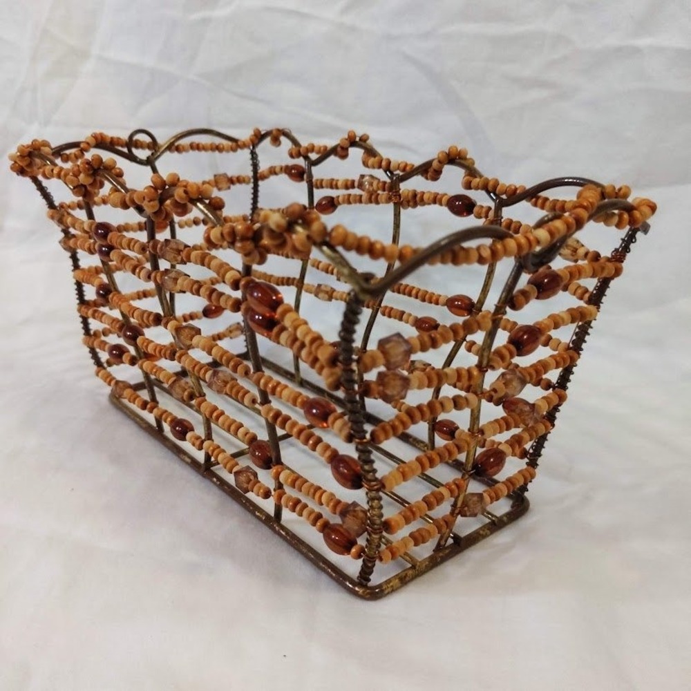 Vtg Boho Wire Basket Wood & Amber Beads Scalloped Brass Finish Organizer Trinket